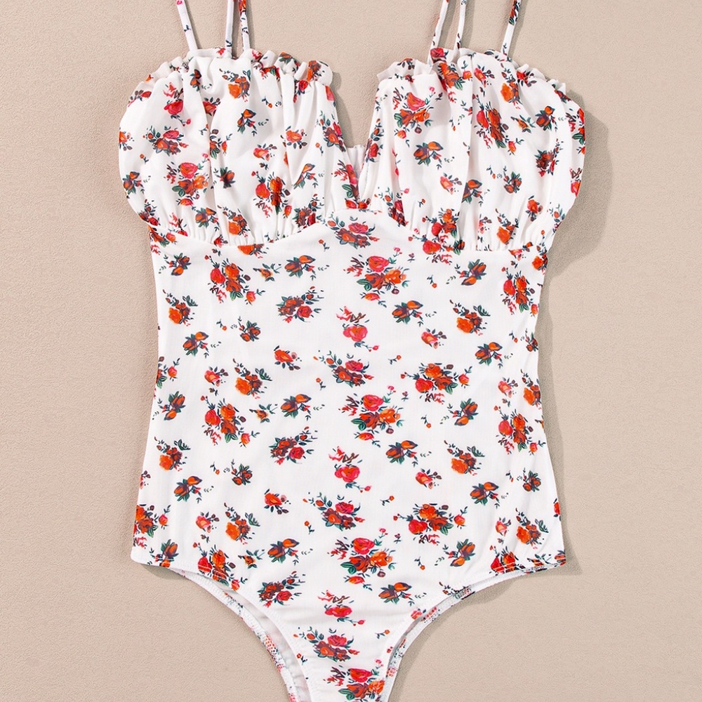 White Floral V Cut Frilled Trim Spaghetti Straps Bodysuit - Picture 4 of 12